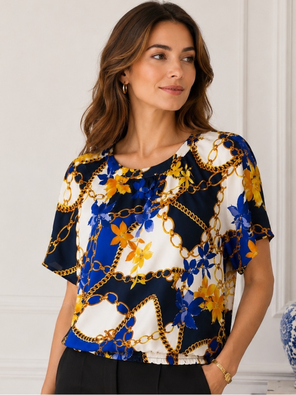 Marled Women’s Chain Link Floral Smocked Hem Short Sleeve Blouse Sz M